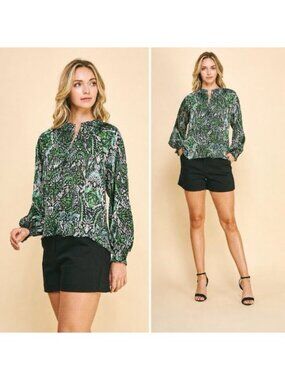 Pinch Green Floral Satin Smocked Long Sleeve Blouse Sz L Tie Neck Boho Pink Blac
